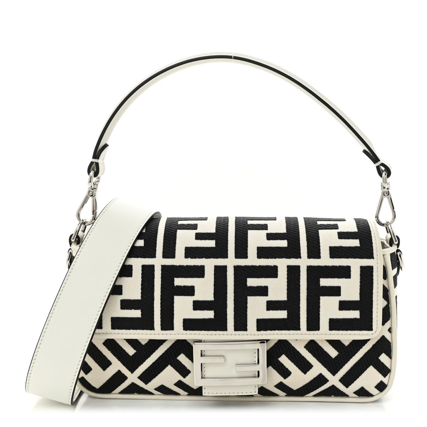 Canvas Vitello King FF Embroidered Baguette White Black