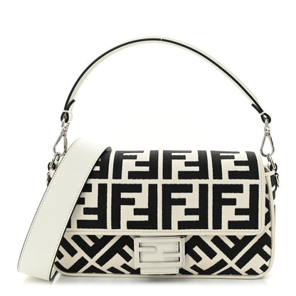 Fendi Canvas Vitello King FF Embroidered Baguette White Black 1 of 7