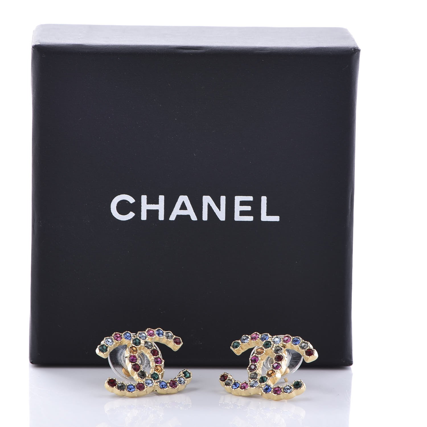 Chanel Crystal CC Stud Earrings Gold Multicolor 5 of 5