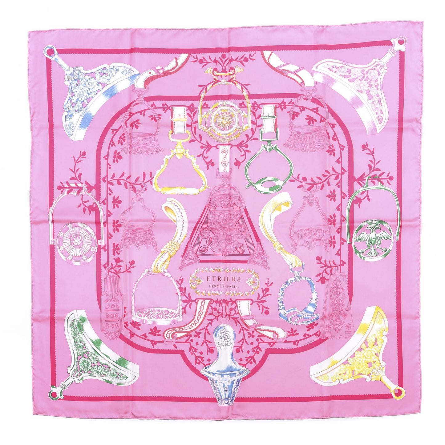 Silk Etriers Remix Scarf 90 Rose Jaune Vert