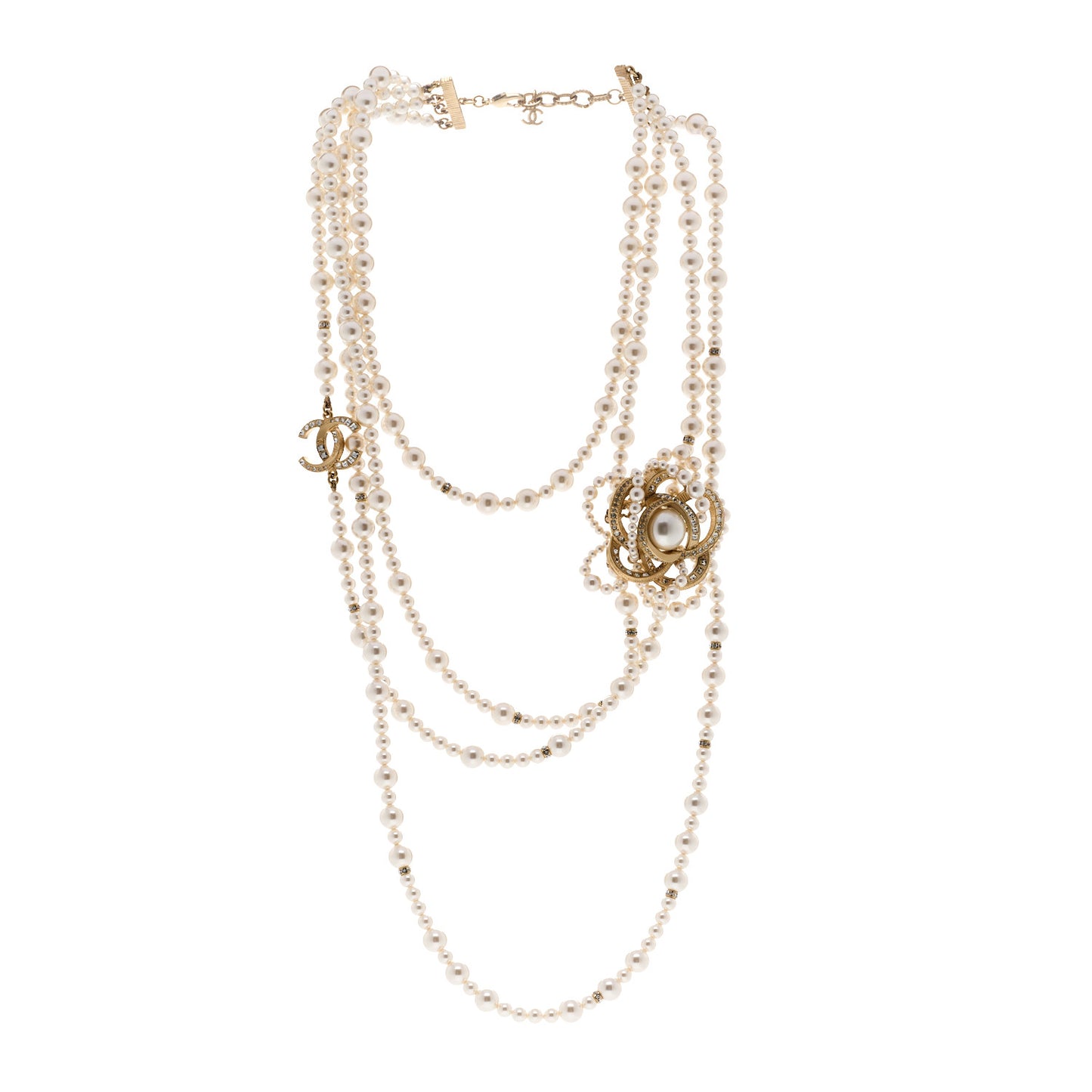 Pearl Crystal CC Camellia Multi Strand Necklace Gold White