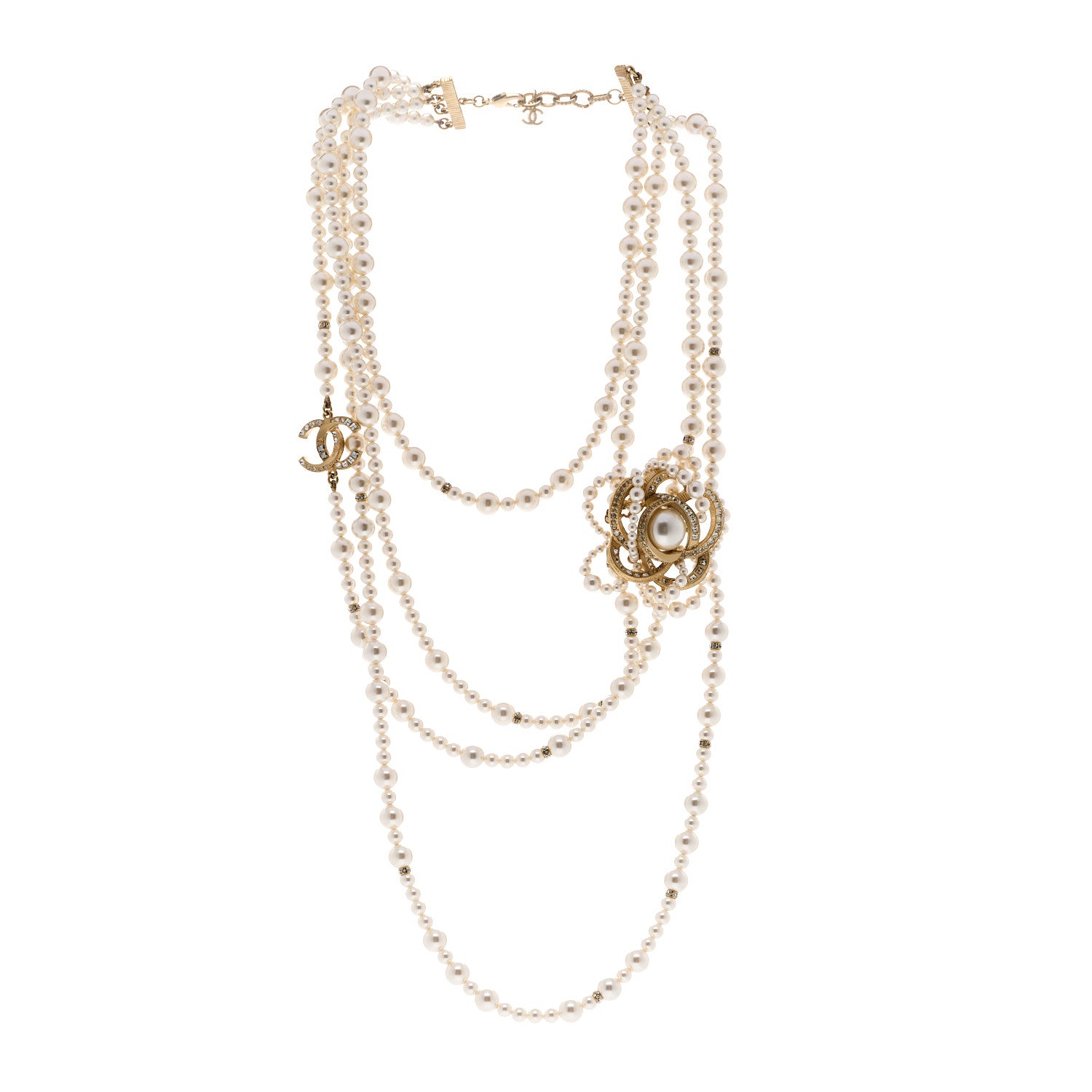 Chanel Pearl Crystal CC Camellia Multi Strand Necklace Gold White 3 of 6