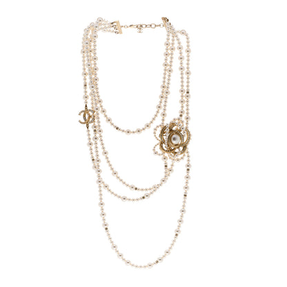 Chanel Pearl Crystal CC Camellia Multi Strand Necklace Gold White 3 of 6