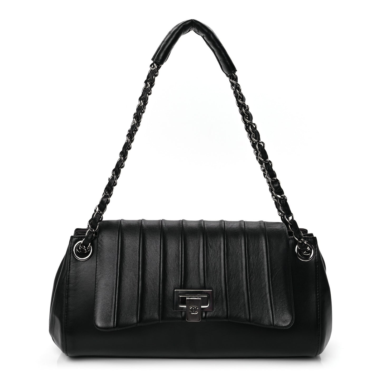 Lambskin Vertical Quilt Small Accordion Flap Black