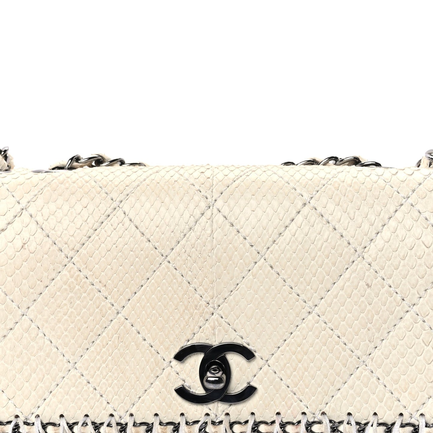 Snakeskin Crochet Quilted Flap Bag Beige