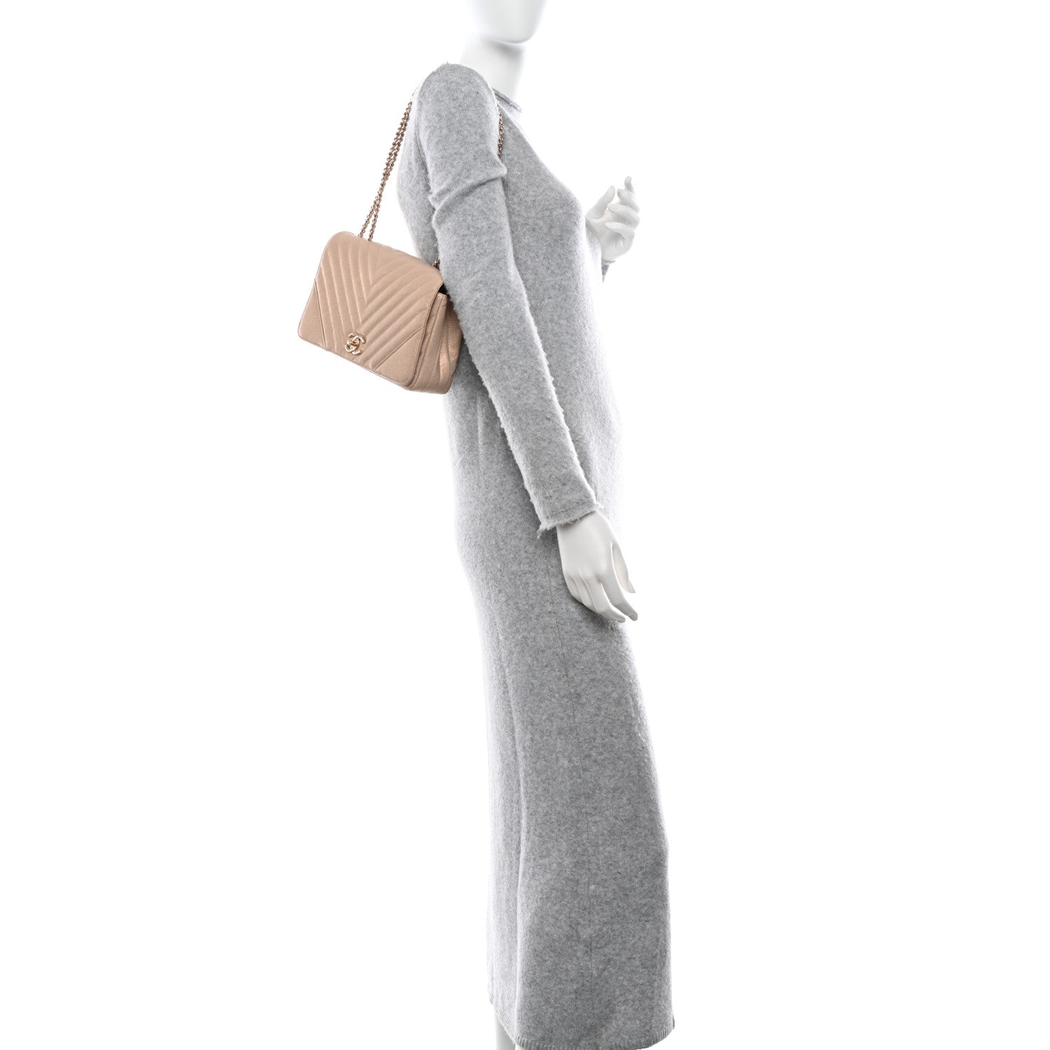 Chanel Metallic Caviar Chevron Quilted Medium Statement Flap Beige 2 of 13