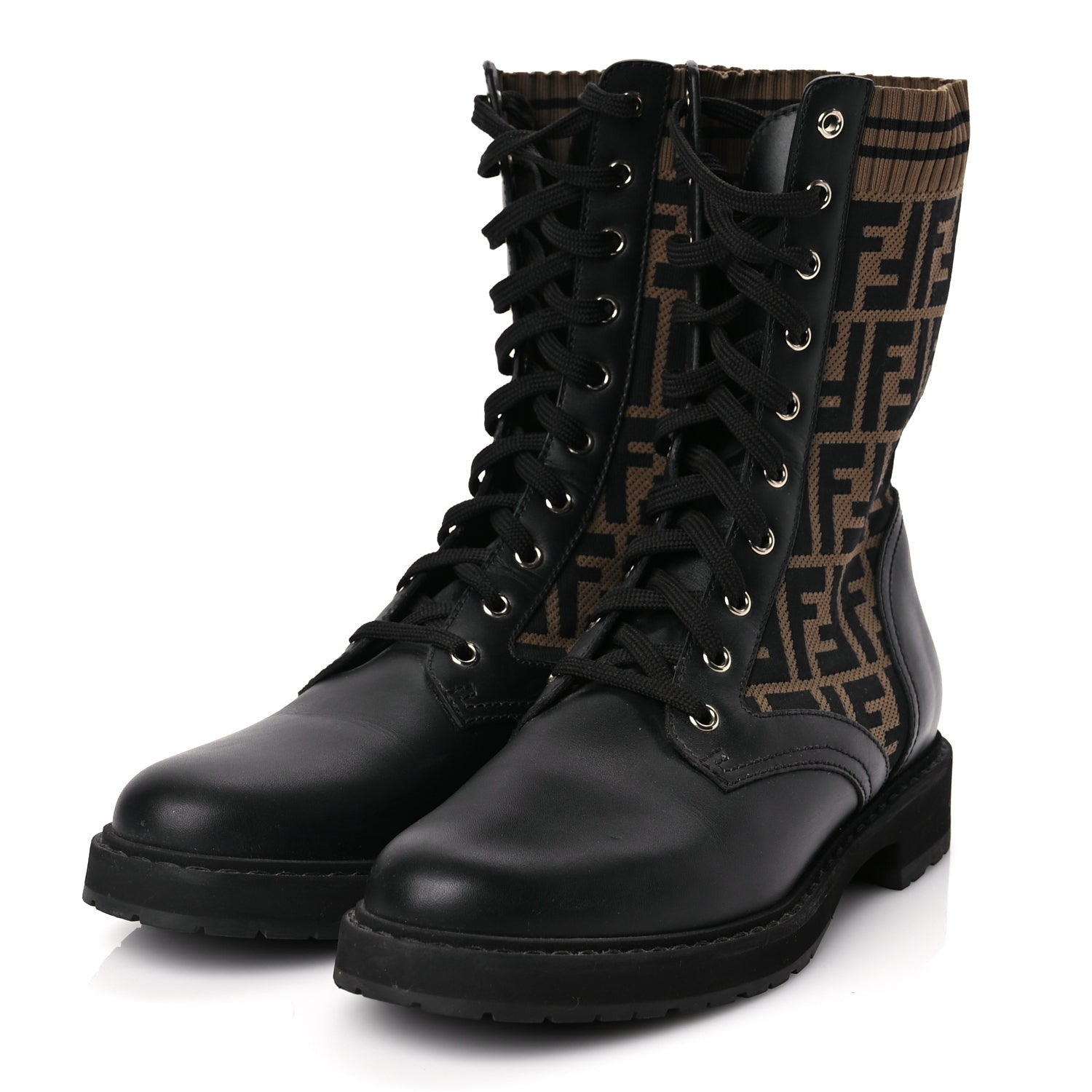 Fendi Calfskin Stretch Fabric FF Rockoko Biker Boots 40.5 Black Tobacco 3 of 6