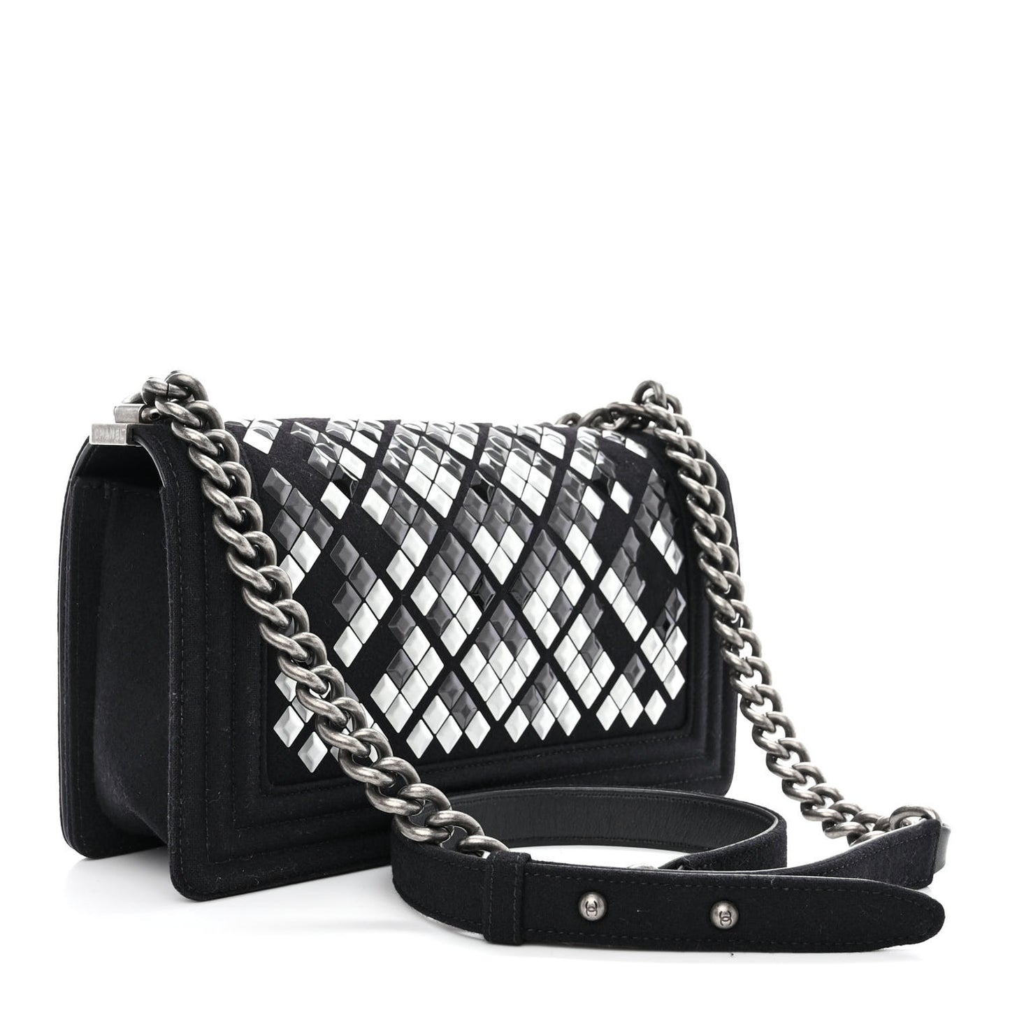 Wool Lambskin Embroidered Mosaic Medium Boy Flap Black