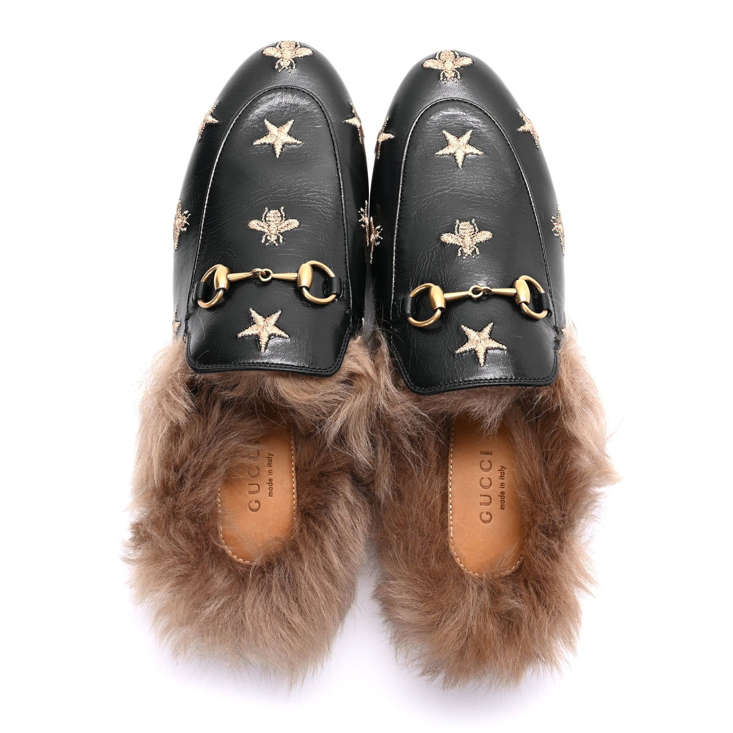 Goatskin Fur Bee Star Embroidered Womens Princetown Slippers 37
