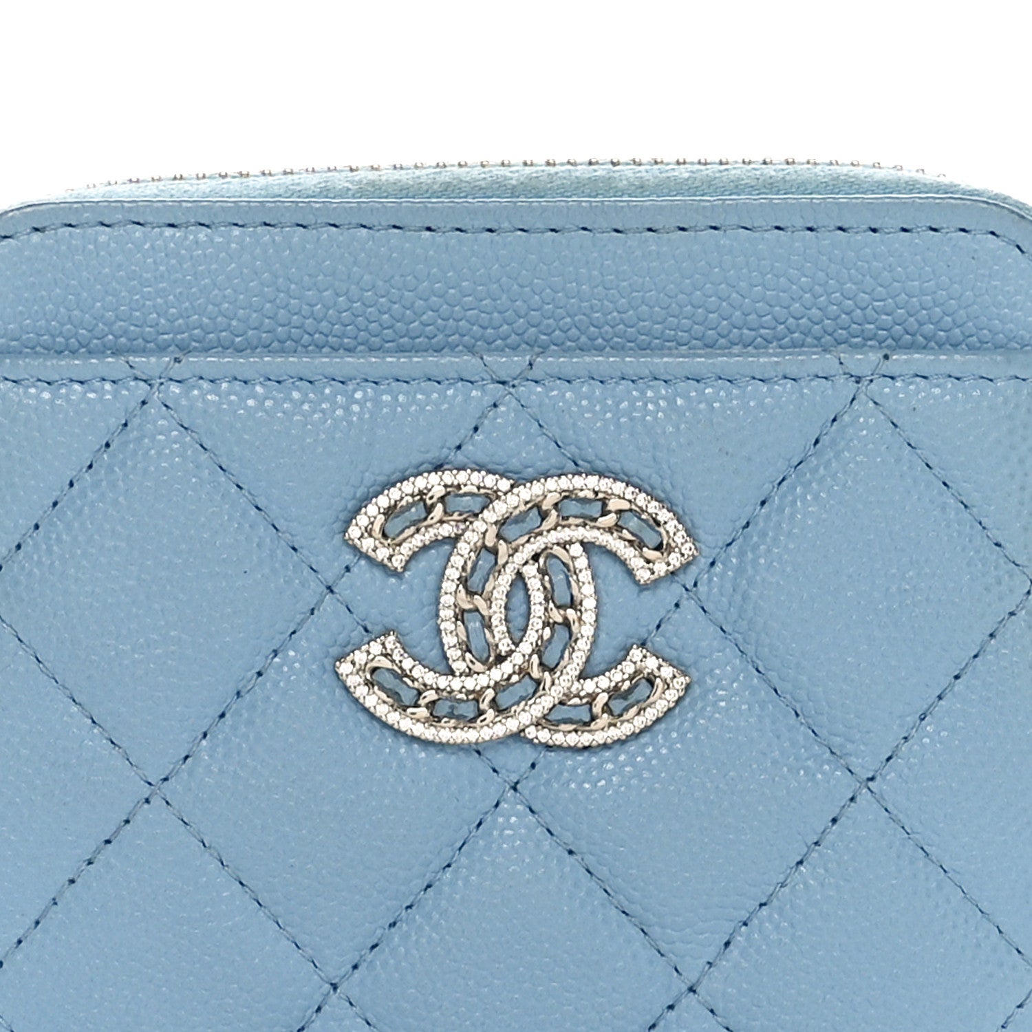 Chanel Caviar Quilted Crystal Zip Card Holder Wallet Light Blue 8 of 10