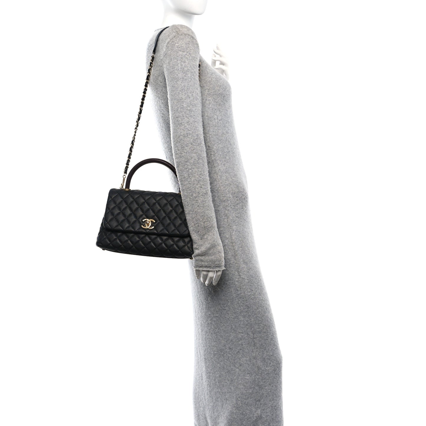 Caviar Lizard Embossed Quilted Small Coco Handle Flap Black