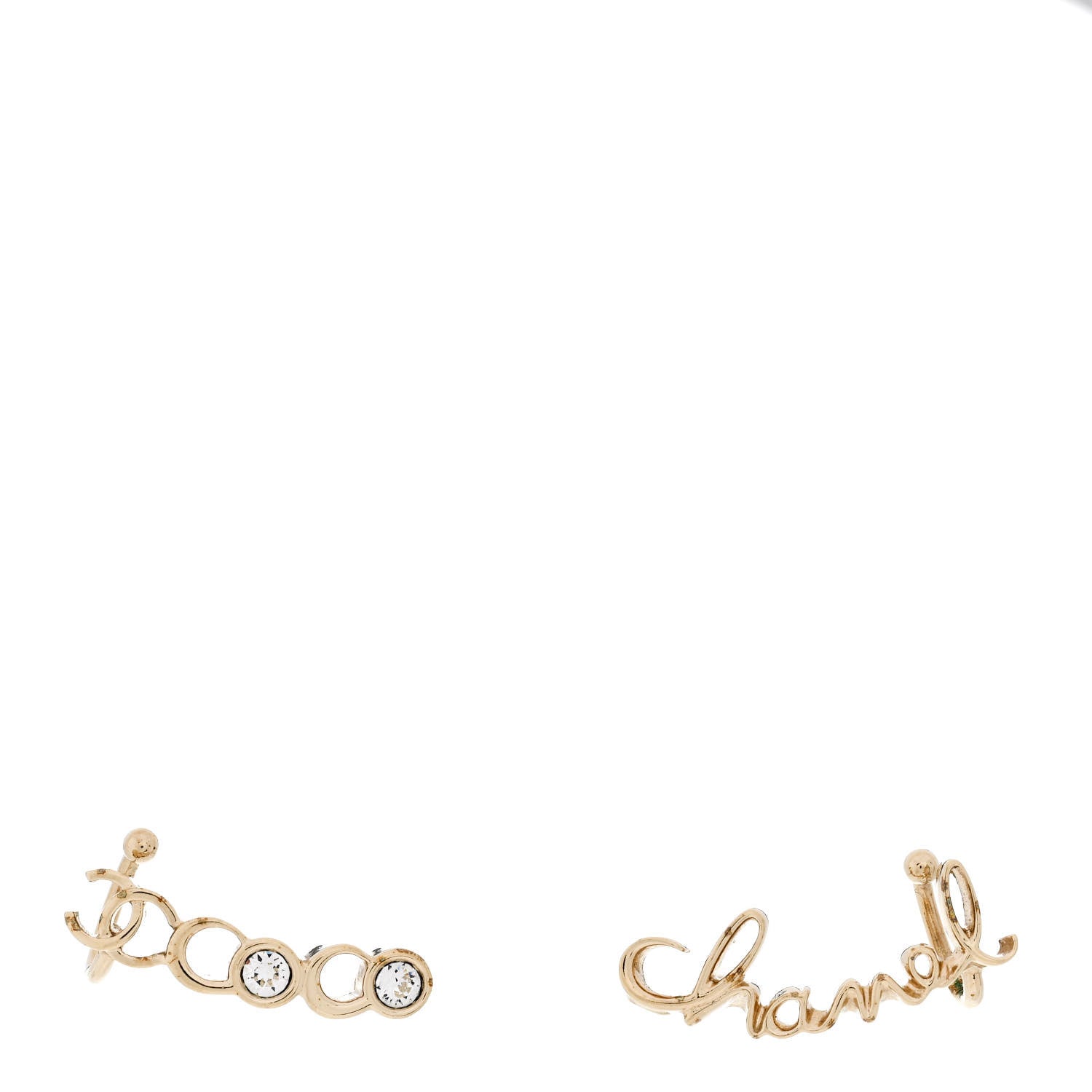 Chanel Metal Crystal Coco Script CC Climber Earrings Gold 1 of 5