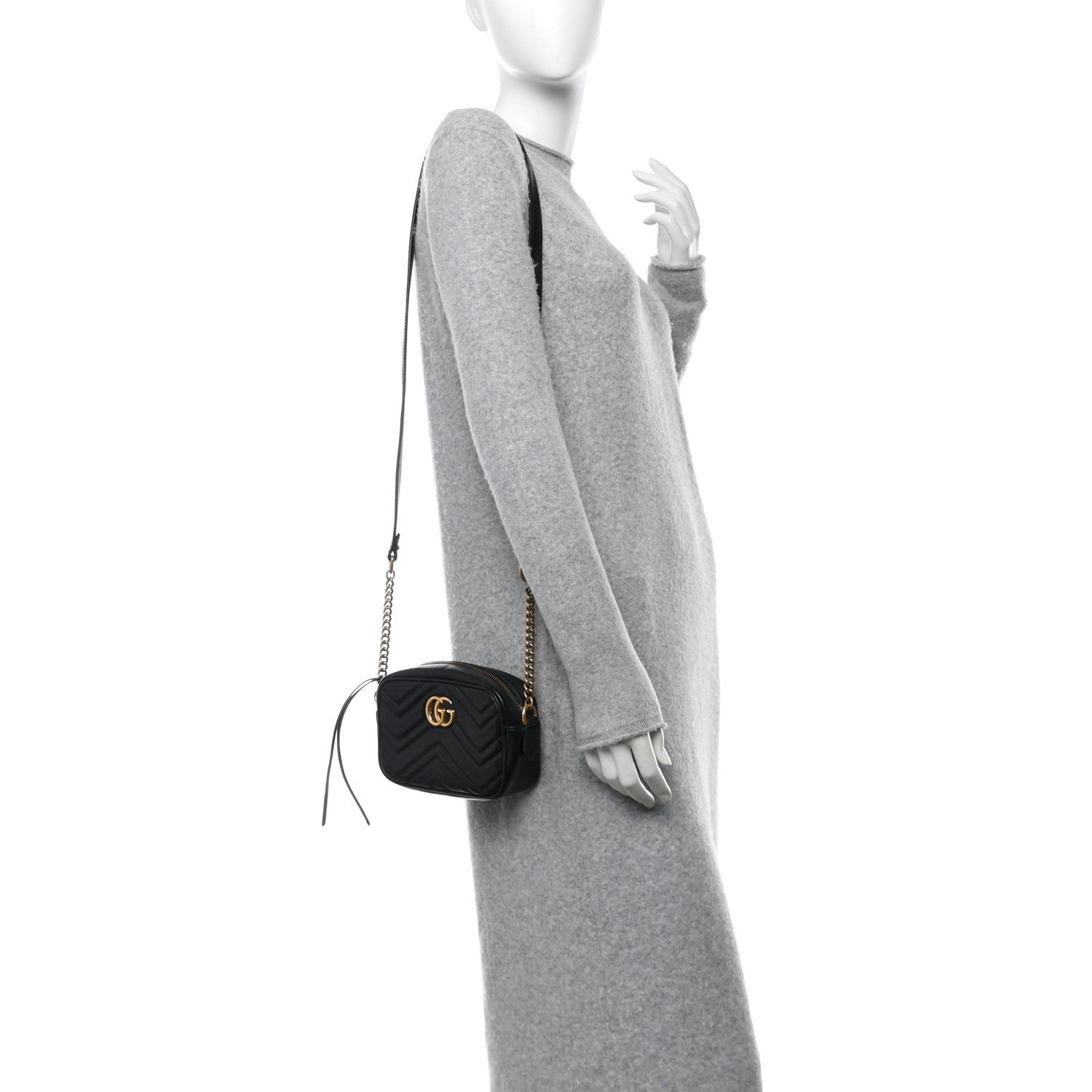 Gucci Calfskin Matelasse Mini GG Marmont Chain Shoulder Bag Black 2 of 7