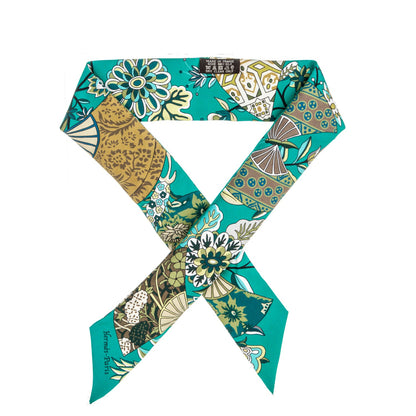 Hermes Silk Fleurs et Papillons de Tissus Twilly Vert Kaki Bronze 1 of 5