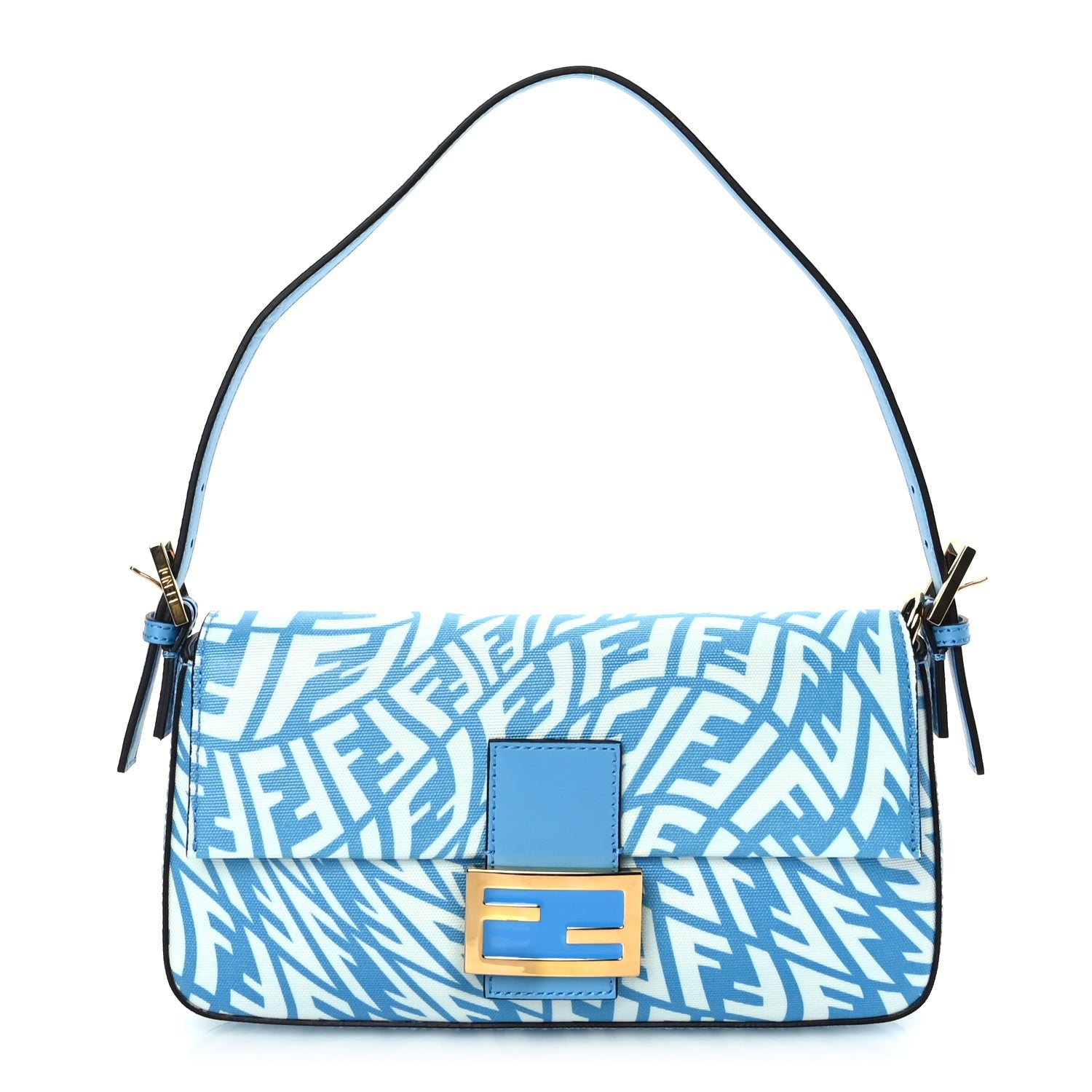 Fendi X SARAH COLEMAN Glazed Canvas Vitello King FF Vertigo Baguette 1997  Cyber Blue White 1 of 8