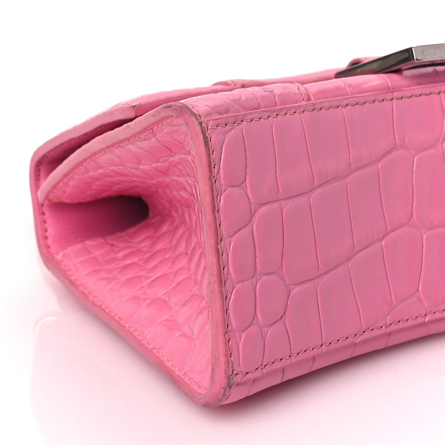 Shiny Calfskin Crocodile Embossed Hourglass Top Handle Bag XS Baby Pink