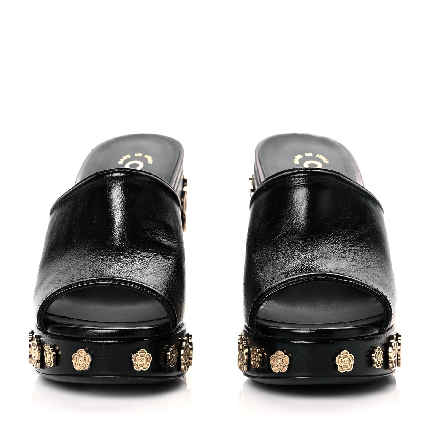 Crumpled Calfskin Camellia Wedge Mules 36 Black