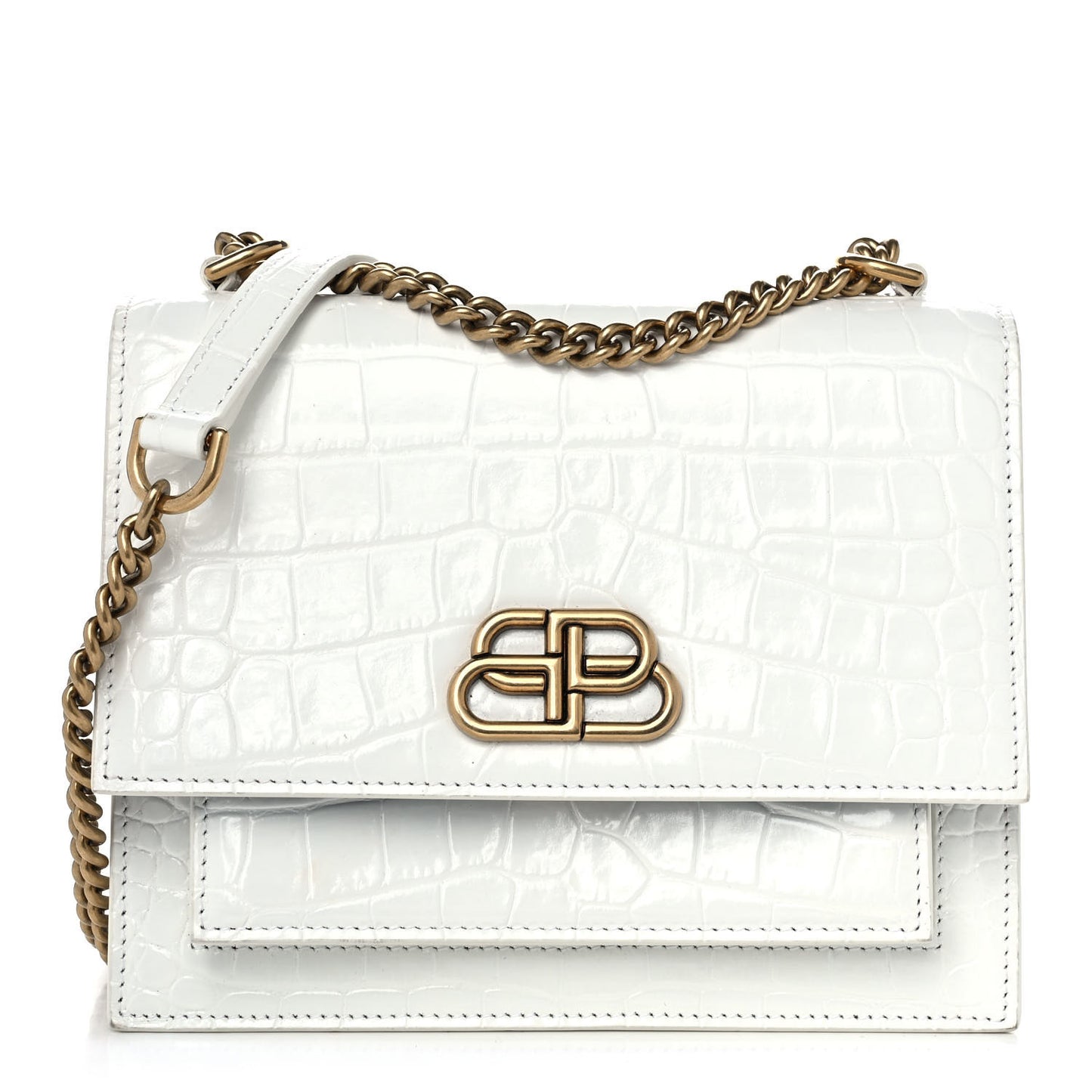 Shiny Calfskin Crocodile Embossed S Sharp Chain Shoulder Bag Optic White
