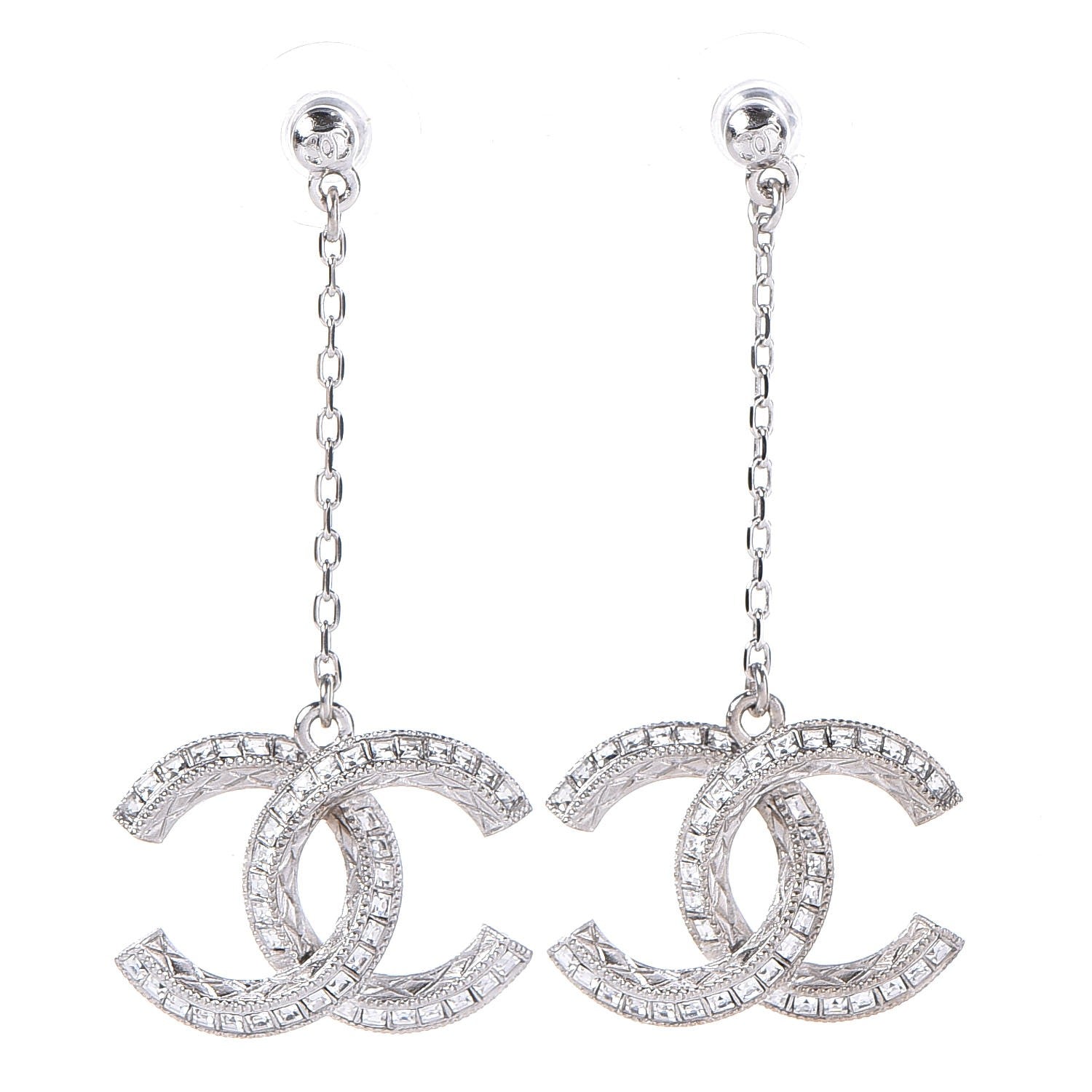Chanel Baguette Crystal CC Drop Earrings Silver 1 of 5