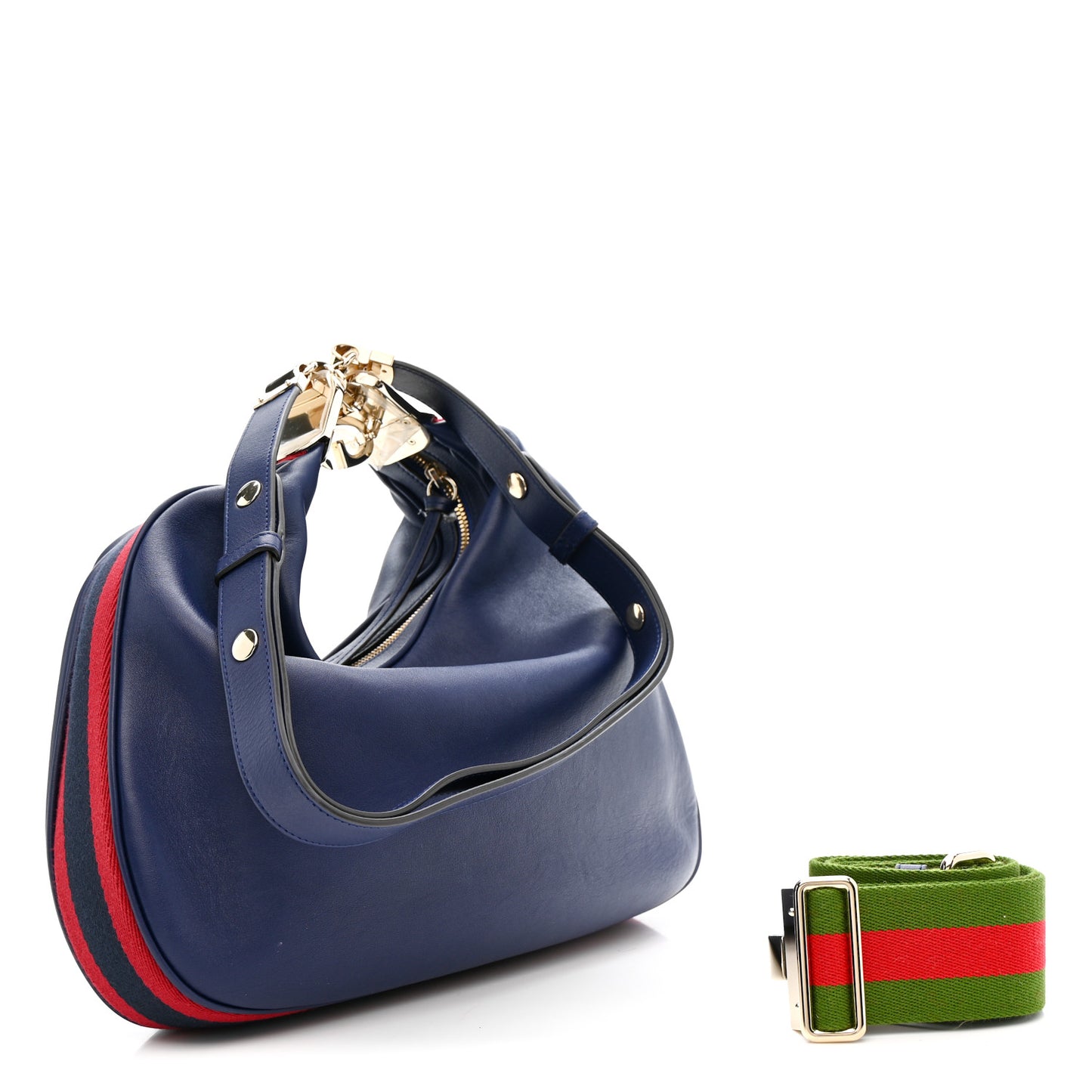 Aria Calfskin Web Large Attache Shoulder Bag Navy