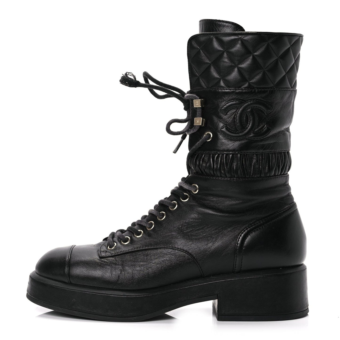 Lambskin Quilted Lace Up Combat Boots 37 Black