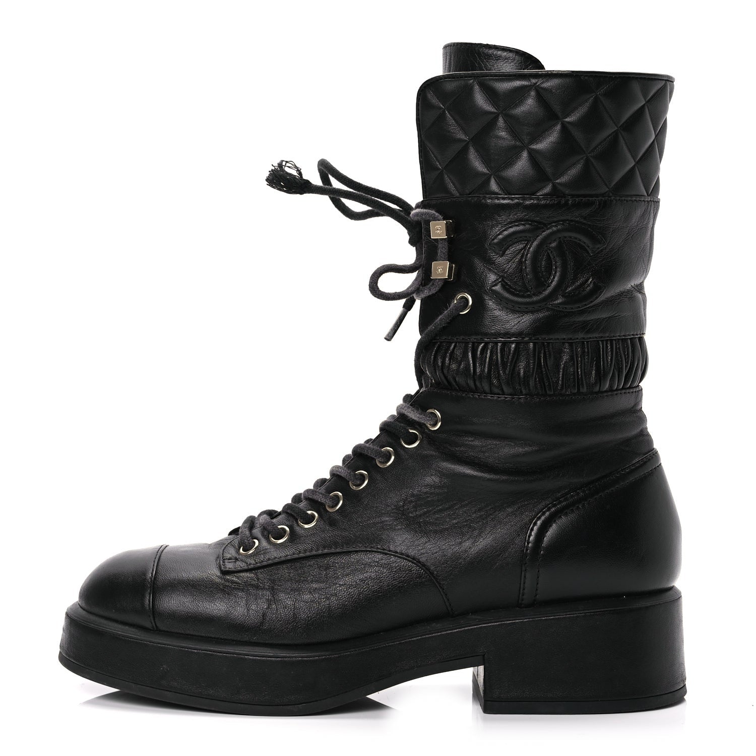 Chanel Lambskin Quilted Lace Up Combat Boots 37 Black 1 of 12