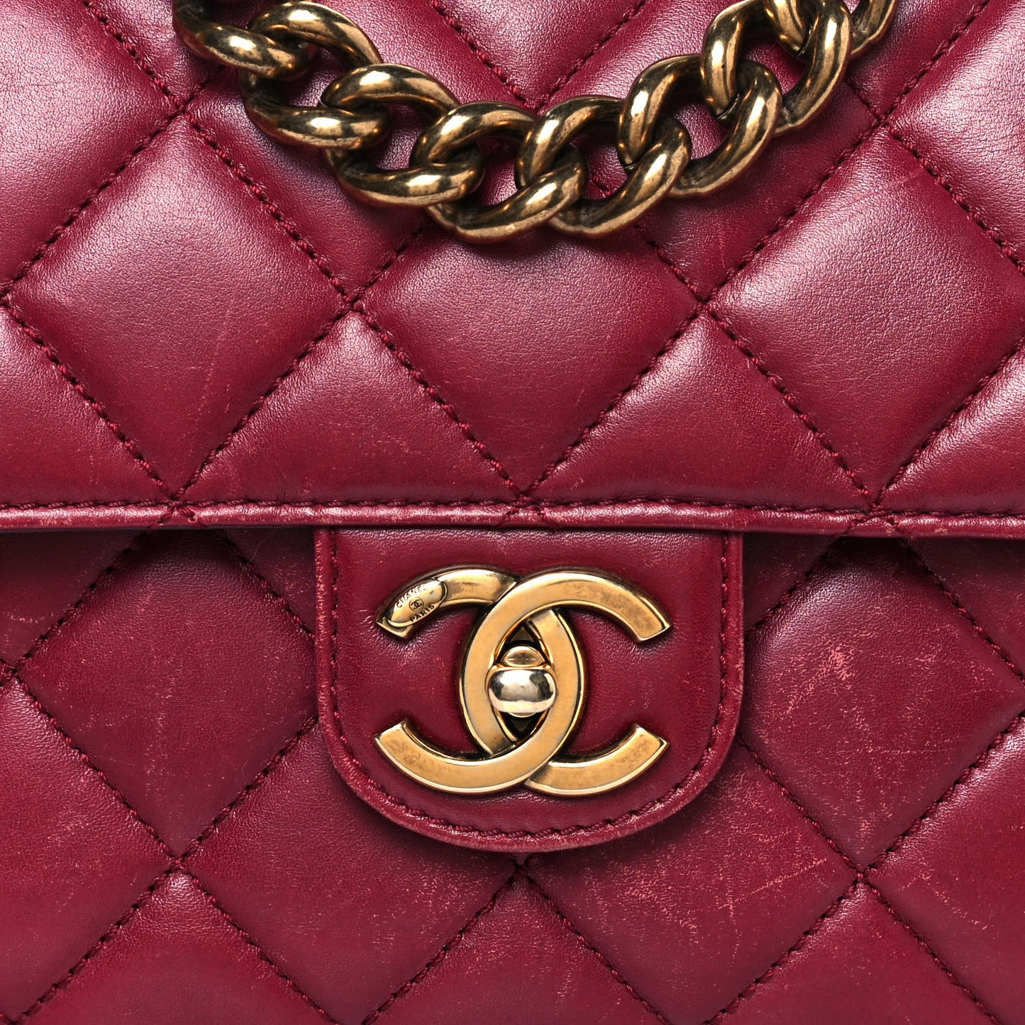 Glazed Calfskin Quilted Large Perfect Edge Flap Red