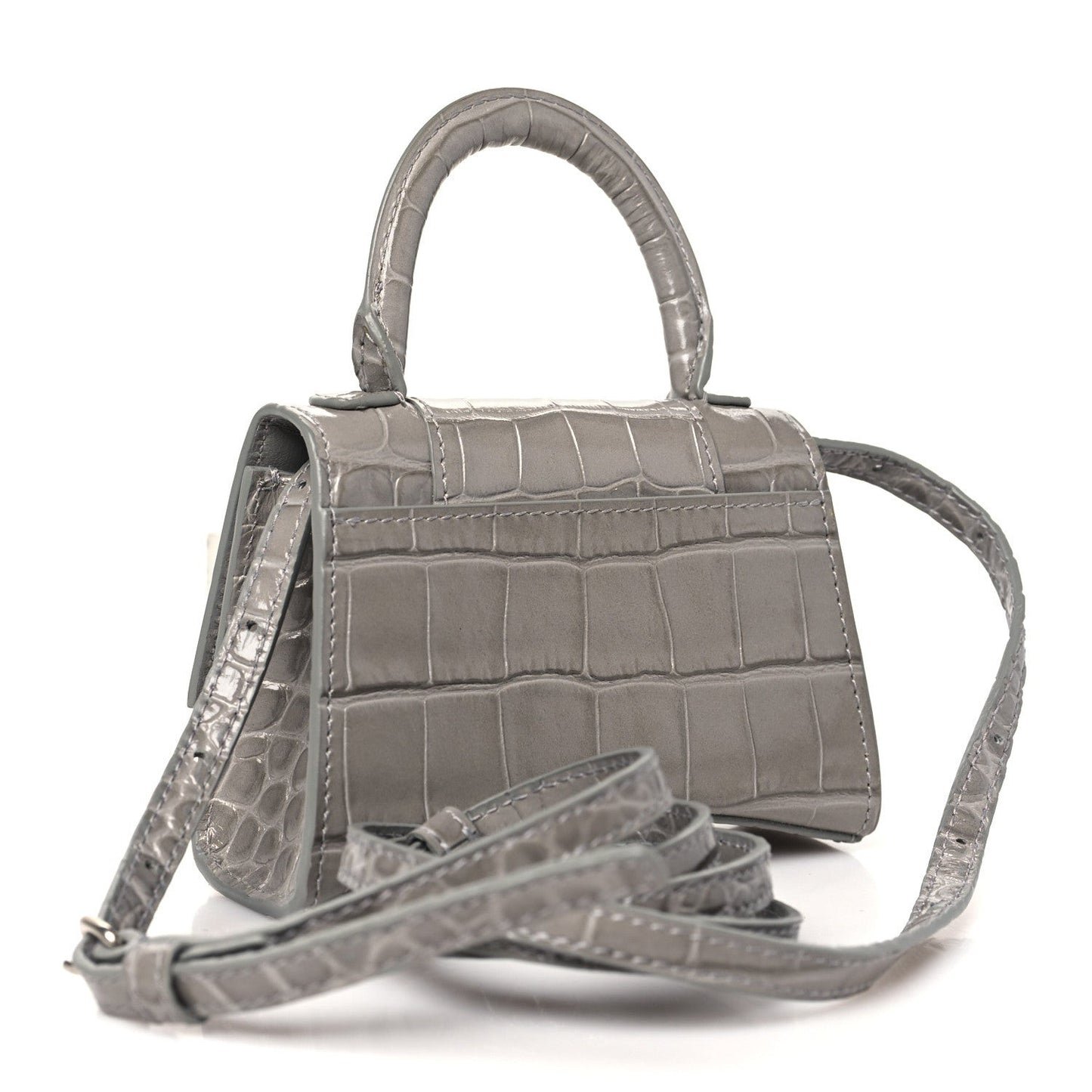 Shiny Calfskin Crocodile Embossed Hourglass Top Handle Bag Mini Steel Grey