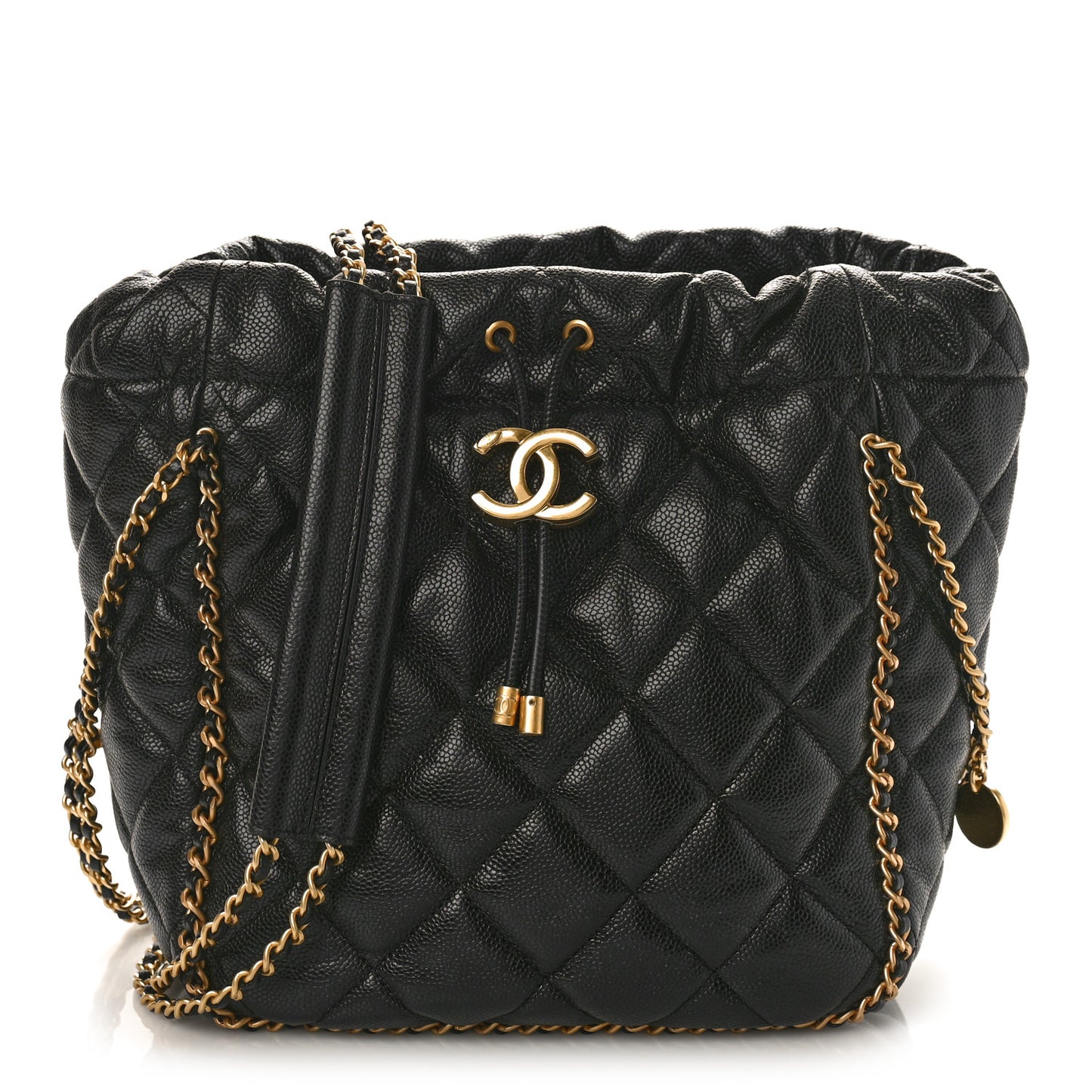 Caviar Quilted Chain Around Multi Chain Bucket Drawstring Bag Black