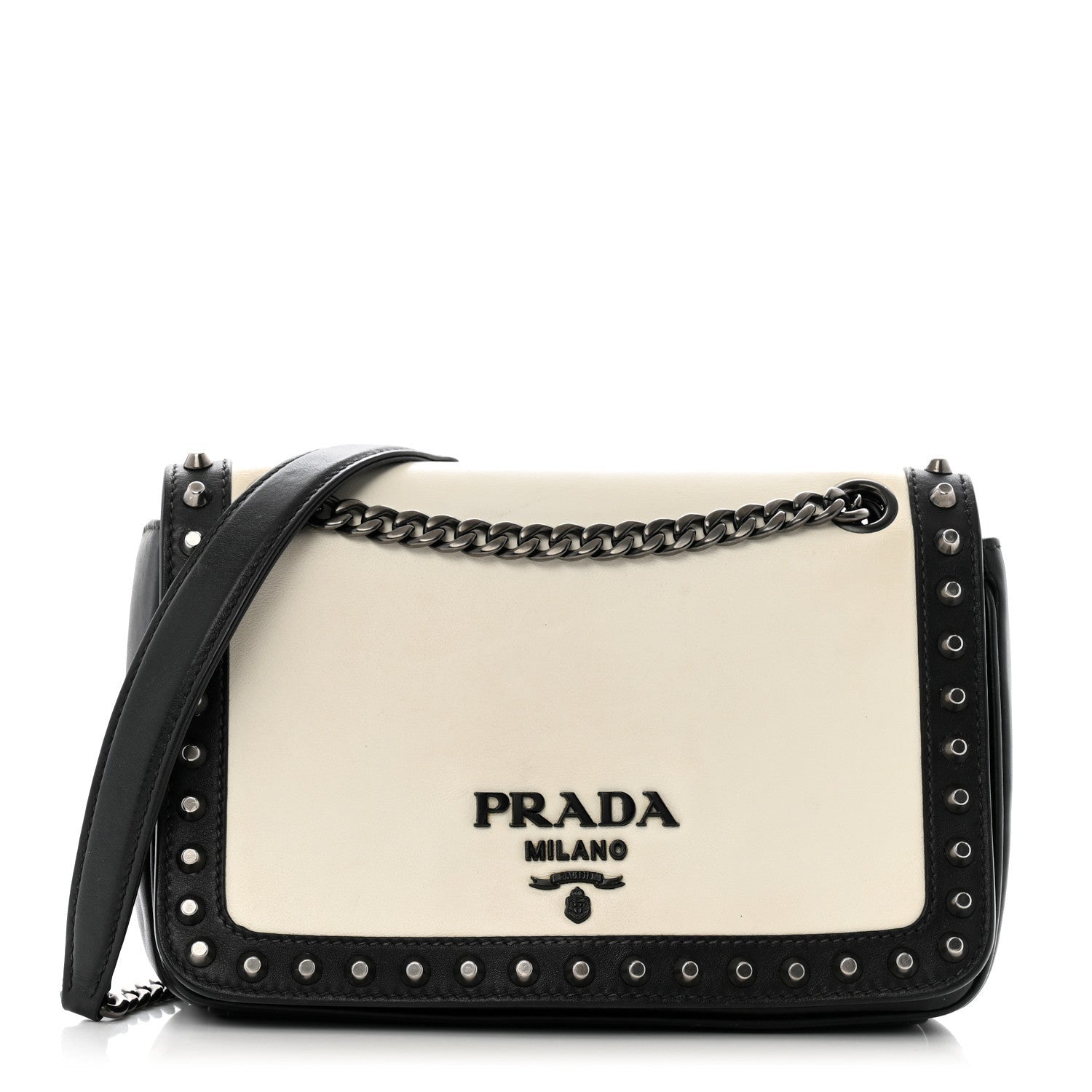 Prada Glace Calfskin Studded Crossbody White Black 1 of 7