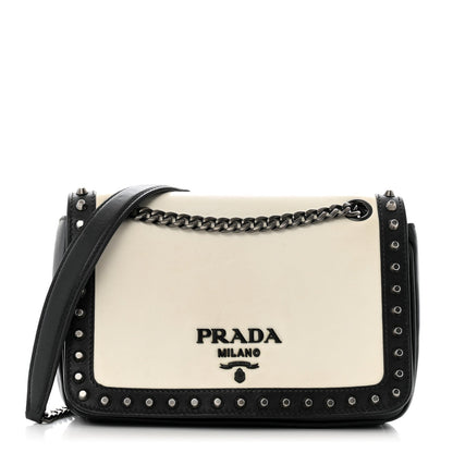 Prada Glace Calfskin Studded Crossbody White Black 1 of 7