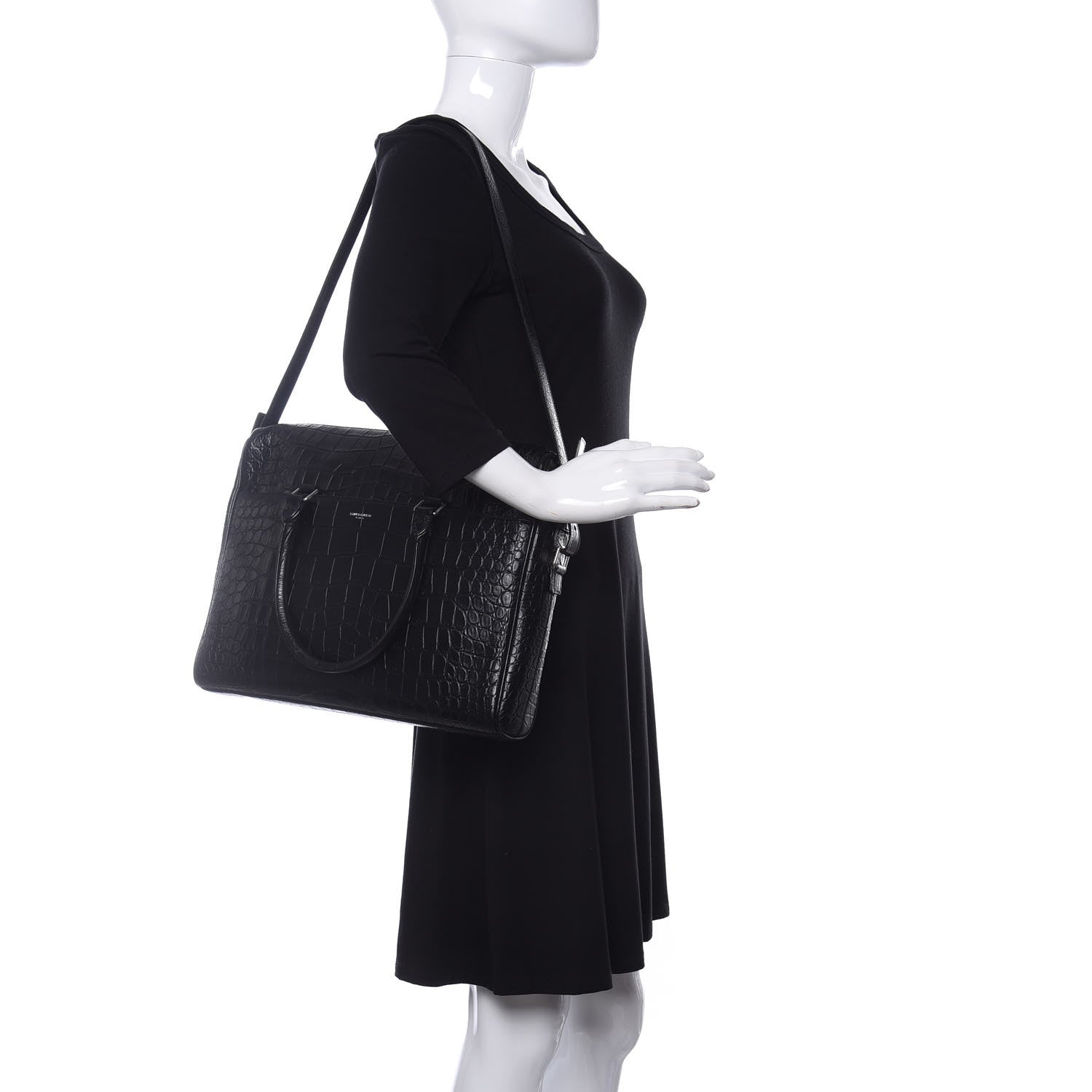 Saint Laurent Calfskin Crocodile Embossed Duffle Briefcase Black 2 of 10