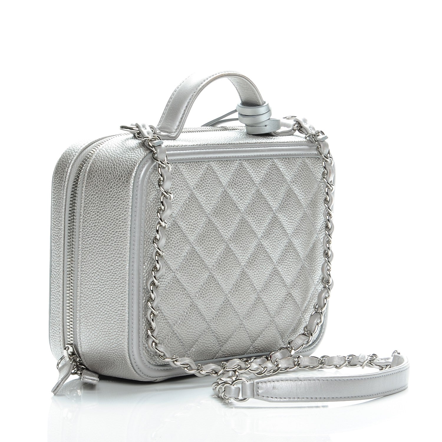 Chanel Metallic Caviar Quilted Medium CC Filigree Vanity Case Silver 3 of 8