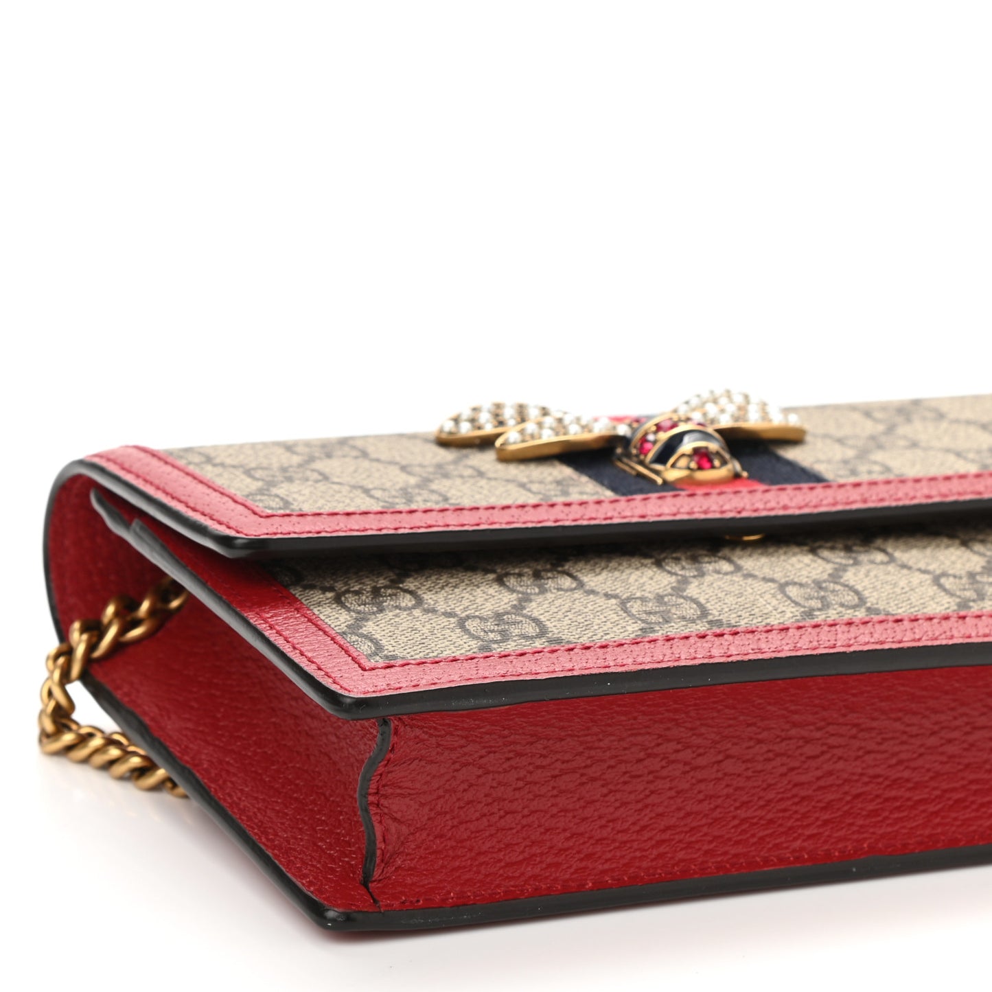 GG Supreme Monogram Web Queen Margaret Chain Wallet Red