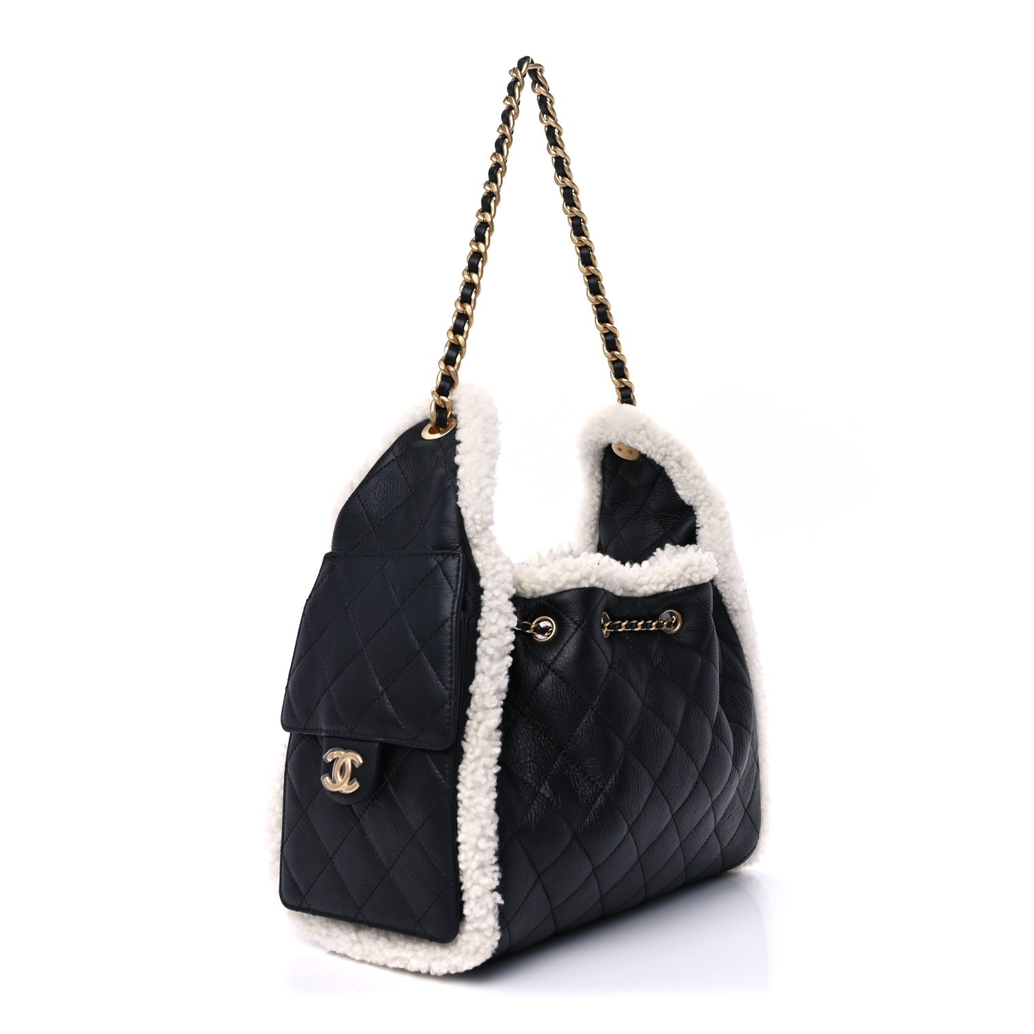 Chanel Crumpled Sheepskin Shearling Quilted Small  25 Handbag Black White 2 of 9