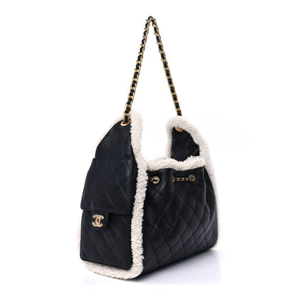 Chanel Crumpled Sheepskin Shearling Quilted Small  25 Handbag Black White 2 of 9