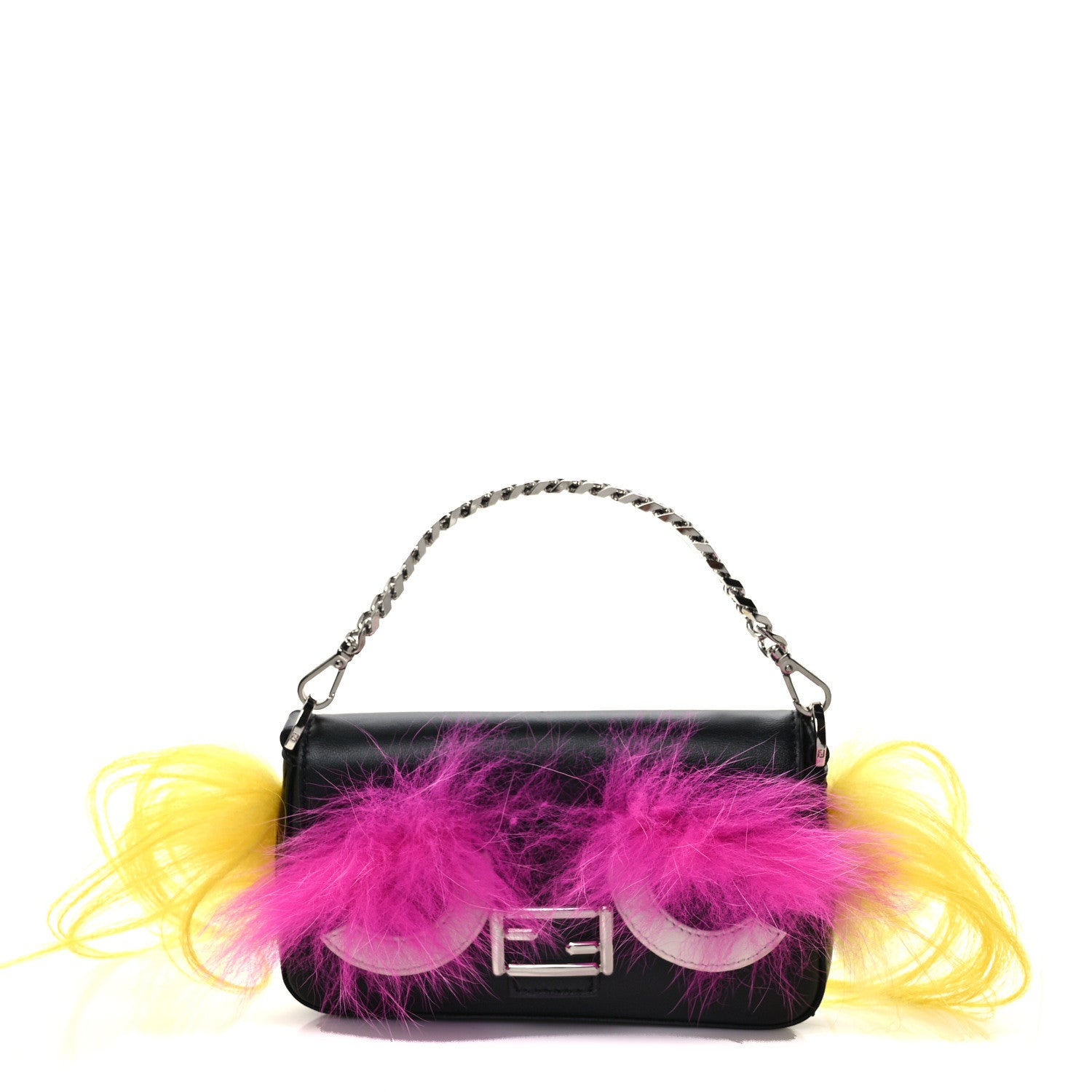 Fendi Nappa Shatoosh Fox Goat Fur Monster Micro Baguette Black Fuchsia Giallo 1 of 10