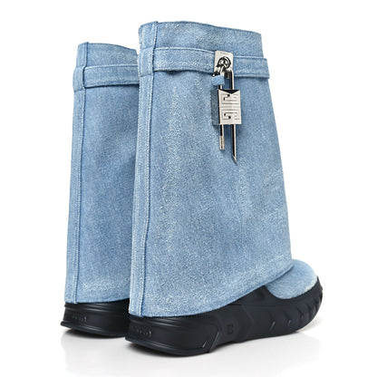 Givenchy Washed Denim Shark Lock Biker Ankle Boots 40 Blue 4 of 8