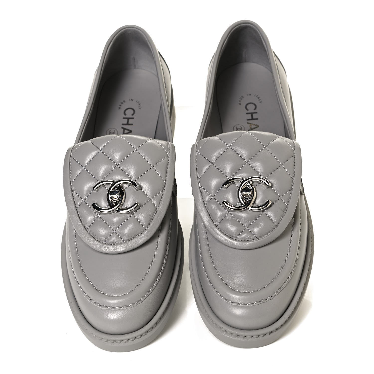 Chanel Lambskin Quilted CC Turnlock Loafers 37.5 Grey 5 of 11