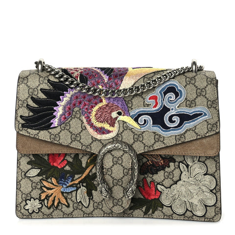 GG Supreme Monogram Bird And Flowers Embroidered Medium Dionysus Shoulder Bag Taupe