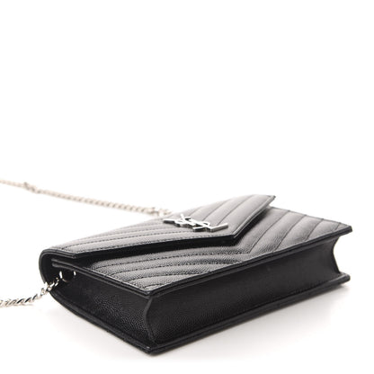 Saint Laurent Grain De Poudre Matelasse Chevron Monogram Envelope Chain Wallet Black 4 of 10