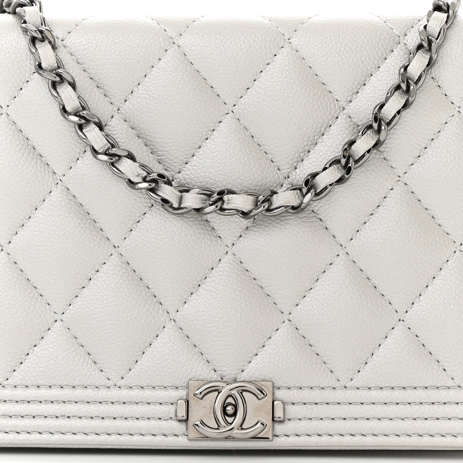 Chanel Metallic Caviar Quilted Boy Wallet On Chain WOC Silver 9 of 13