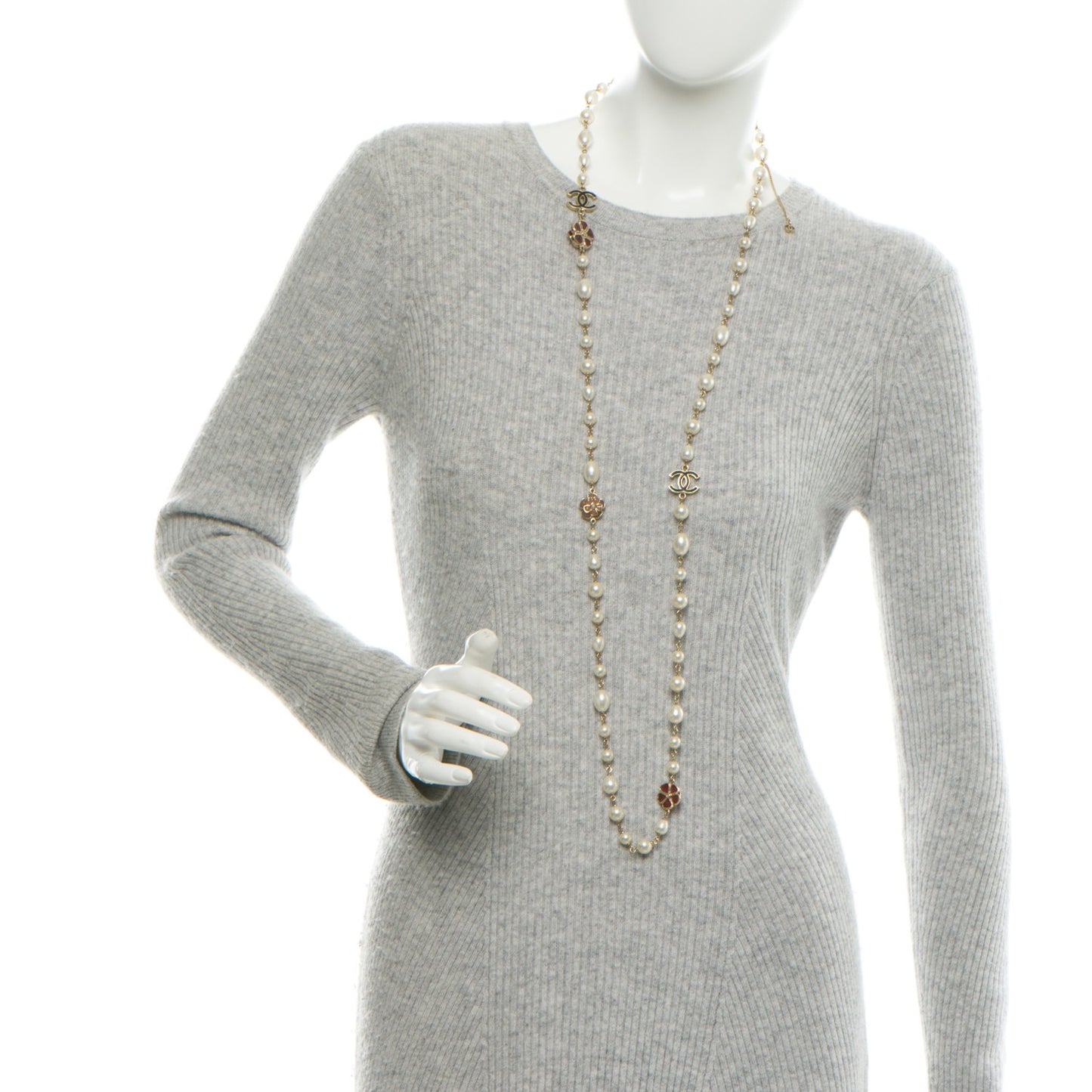 Pearl Enamel CC Camellia Long Necklace Black Red Gold