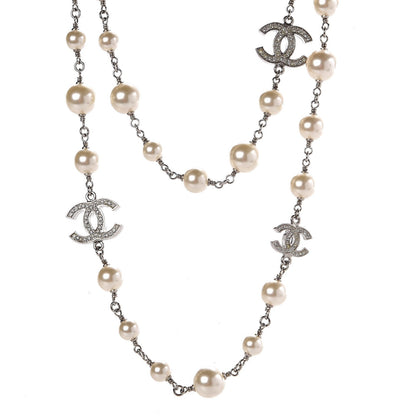 Chanel Crystal Pearl CC Long Necklace Silver 1 of 6