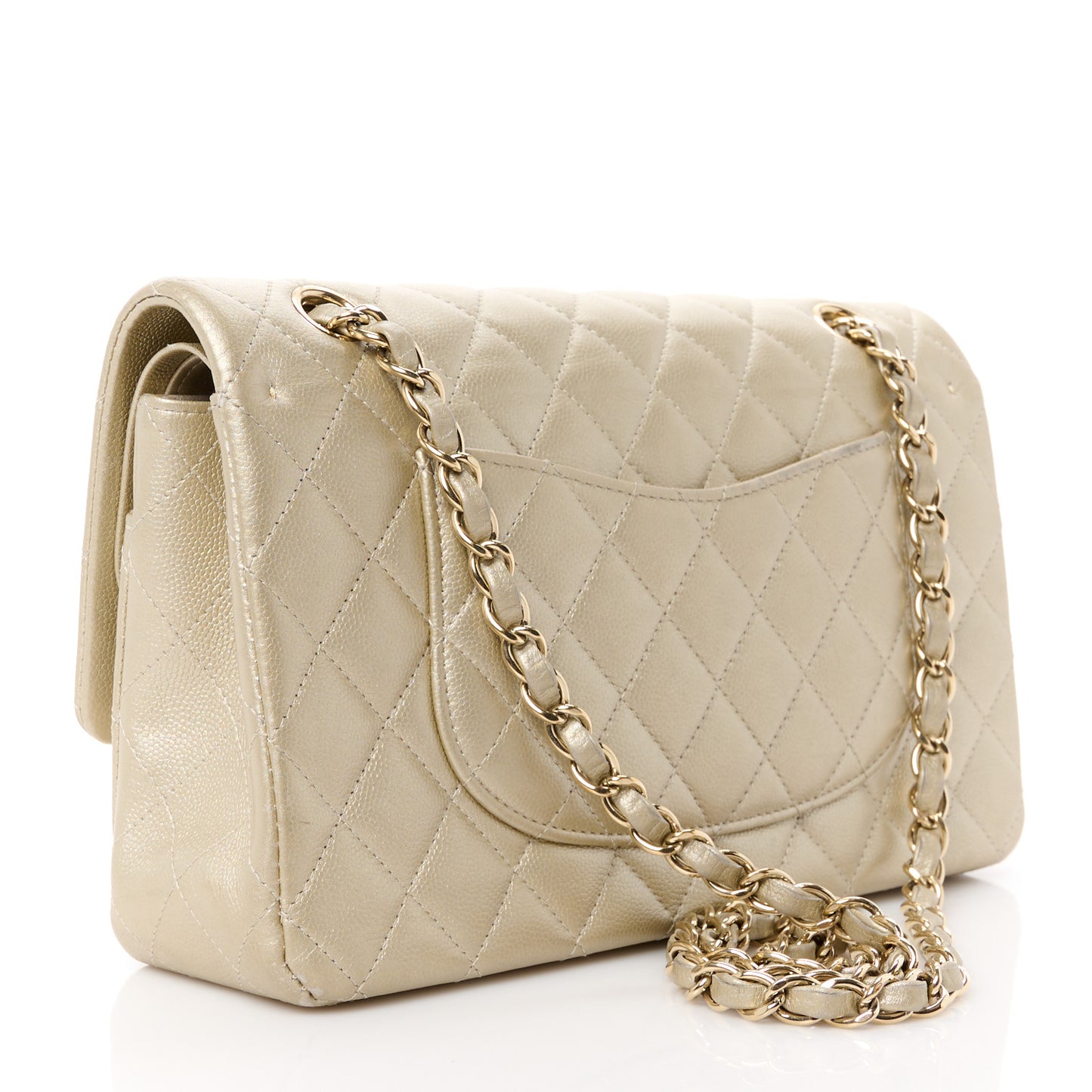 Metallic Caviar Quilted Medium Double Flap Light Gold