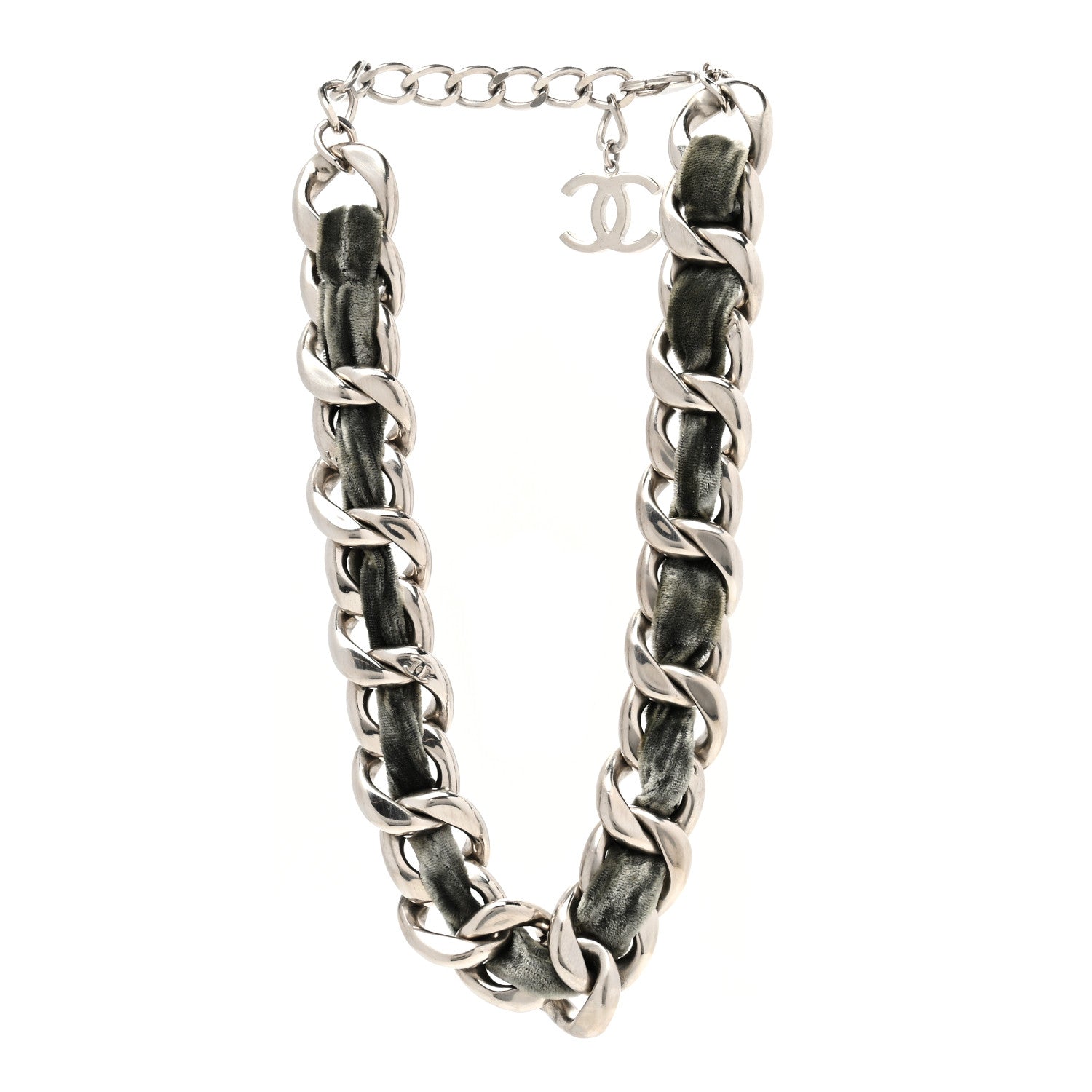 Chanel Velvet CC Chain Link Choker Necklace Silver Grey 3 of 6