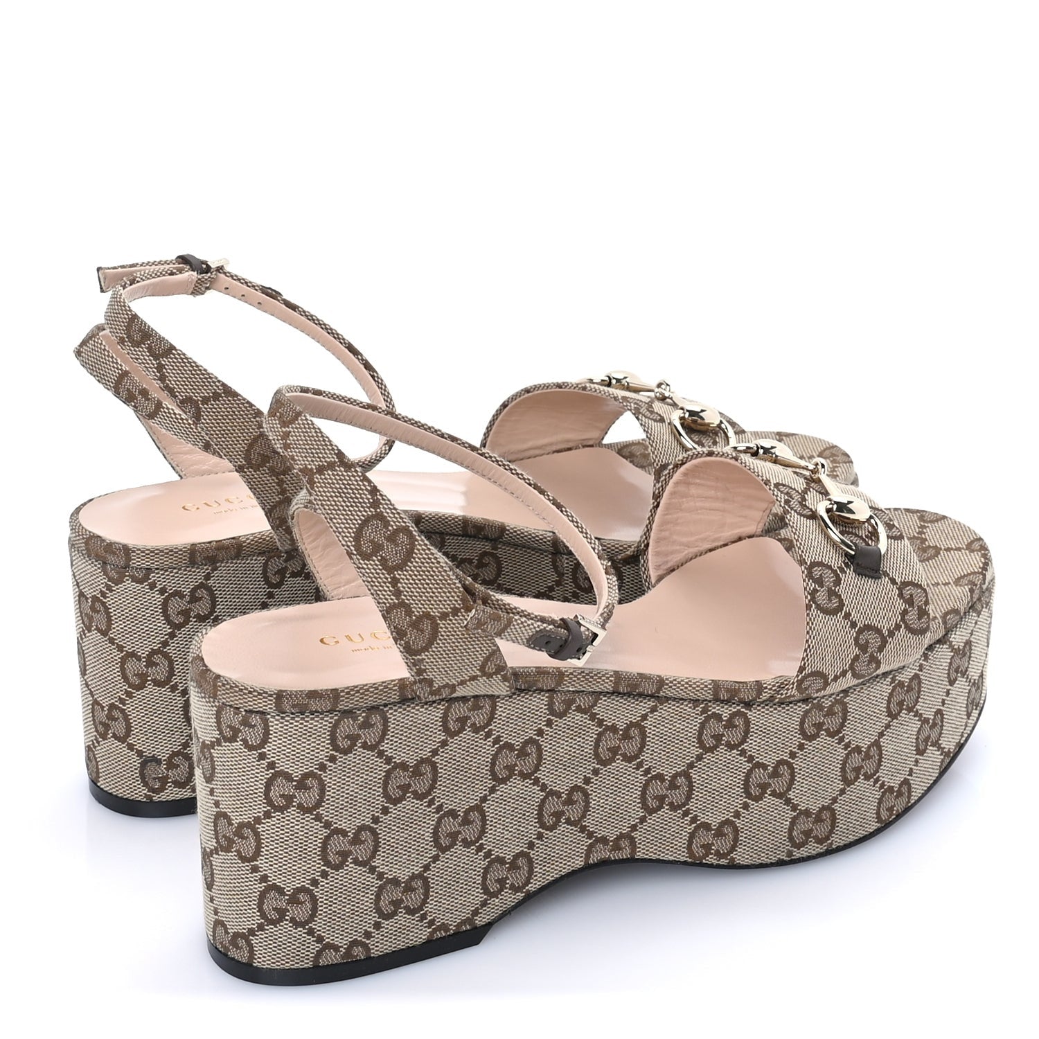 Gucci Monogram Nappa Chalotte Horsebit Ankle Strap 75mm Platform Sandals 39  Beige Ebony 4 of 7
