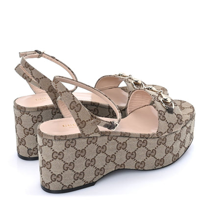 Gucci Monogram Nappa Chalotte Horsebit Ankle Strap 75mm Platform Sandals 39  Beige Ebony 4 of 7