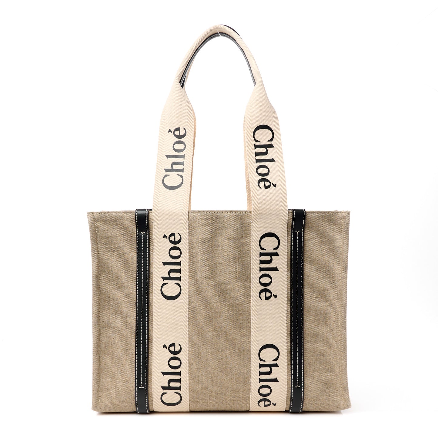 Linen Calfskin Medium Woody Ribbon Tote White Black