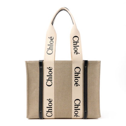Chloe Linen Calfskin Medium Woody Ribbon Tote White Black 1 of 11